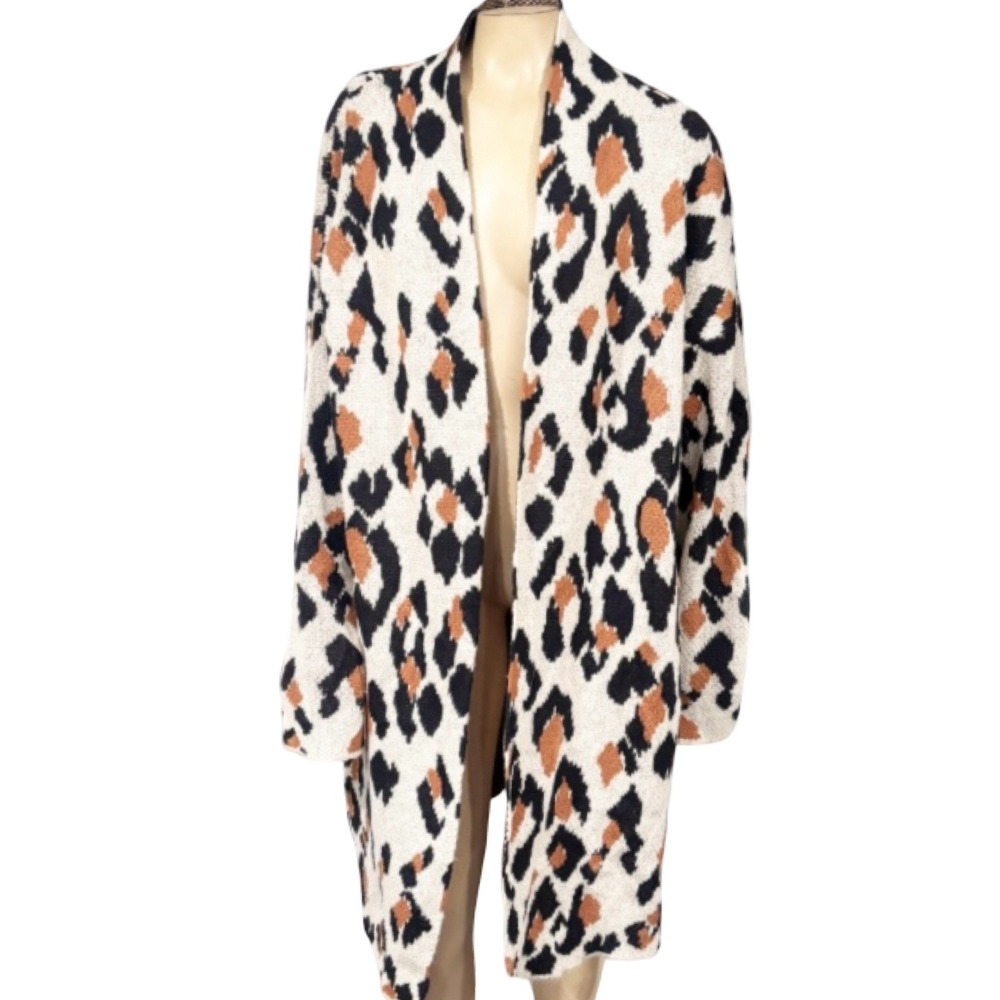 Knox Rose Leopard Print Open Front Duster Cardigan Cream Tan Mob Wife Boho XXL